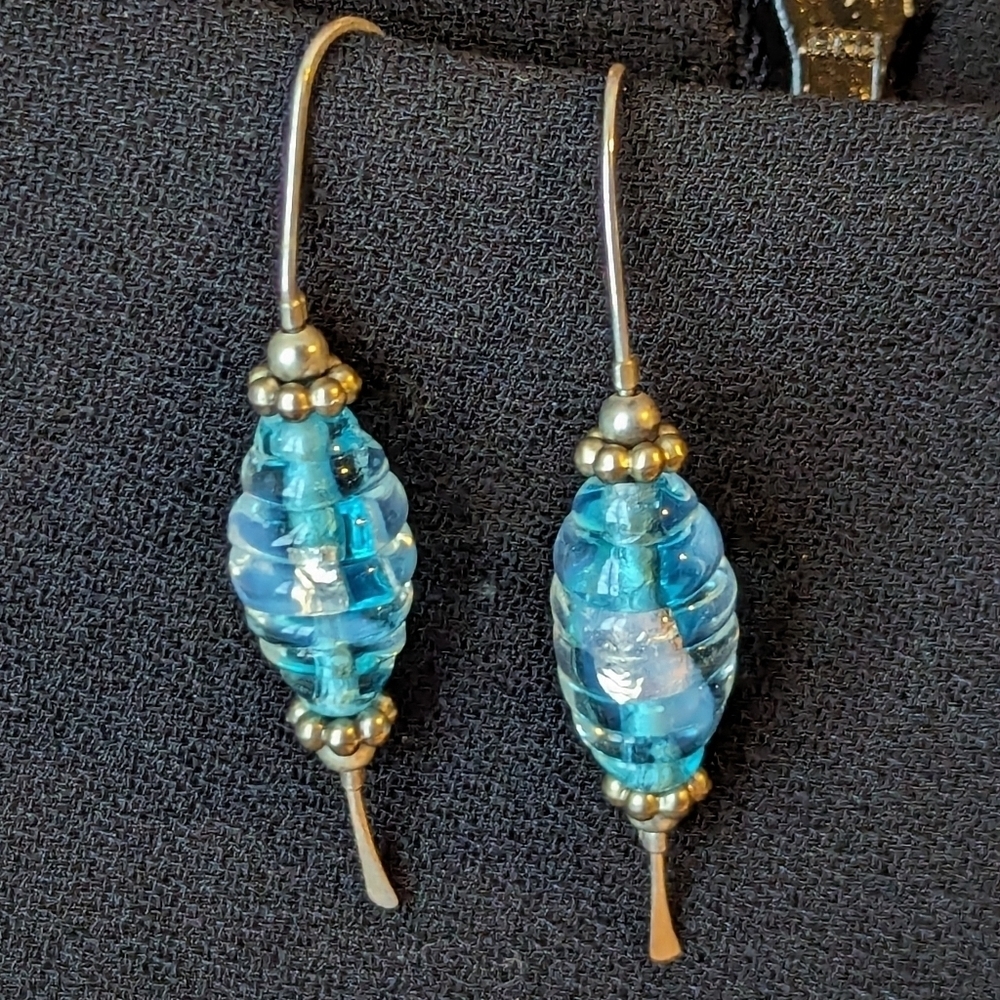 💙 Artisan made earrings silver hoop with clear blue bead 2" drop Boho